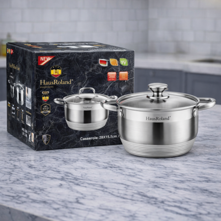 طنجرة ستانلس ستيل HausRoland مع غطاء زجاجي – مقاس 22 سم – موديل HR149-3